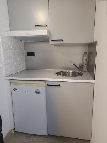 a small kitchen with a sink and a white refrigerator at Appartement mignon in Gardanne