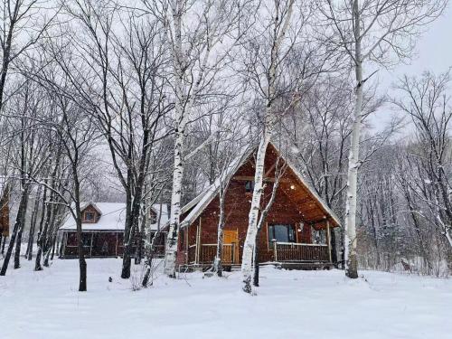 a log cabin in the snow with trees at Yabuli QuShe Four seasons Private Lakefornt B&B in Xinhua