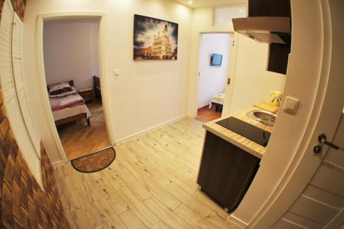 ポズナンにあるApartament Poznań Jeżyceのキッチン、リビングルームが備わります。