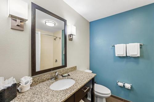 a bathroom with a sink and a toilet and a mirror at Sleep Inn Lufkin in Lufkin