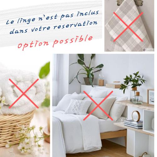 un collage d'images d'une chambre avec un lit et un panneau indiquant : dans l'établissement Le CHAI MALICIEUX, à La Tremblade