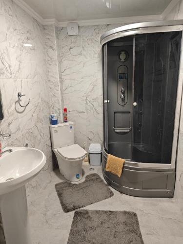 a bathroom with a shower and a toilet and a sink at Гостевой дом Лабиринт in Cholpon-Ata