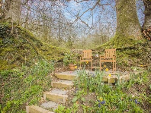 two chairs and a table in front of a tree at Olive Barn in Witheridge