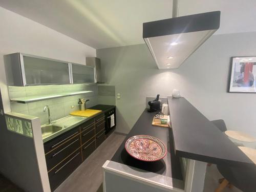 une petite cuisine avec un comptoir et un évier dans l'établissement Escapade urbaine à Thonon, Chic & central, à Thonon-les-Bains