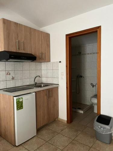a kitchen with a sink and a bathroom with a toilet at LAURA Skiathos in Skiathos Town