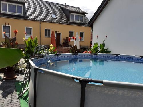 a swimming pool in the backyard of a house at Ferienwohnungen Kusche in Stennewitz