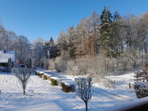 a snow covered garden with trees and a building at Ferienwohnung Inauen s Kiek in in Buxtehude