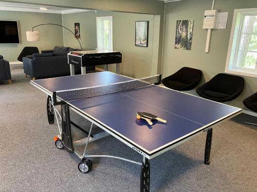 a ping pong table in a room with a piano at Nordsjögården in Järvsö