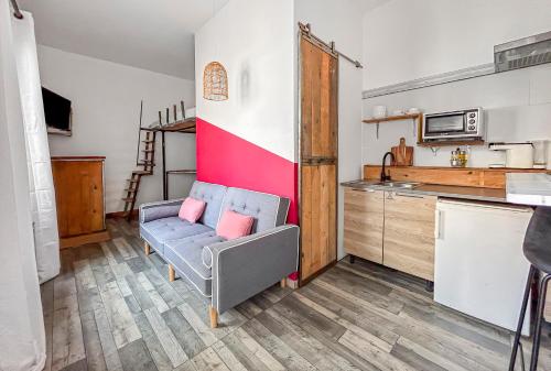 un salon avec un canapé et une cuisine dans l'établissement Studio Avec SPA Proche Centre, à Carcassonne
