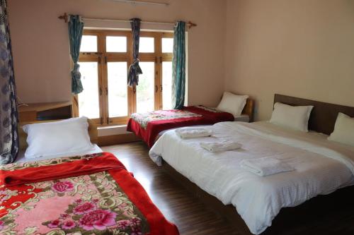 a bedroom with two beds and a window at Nilza Guest House in Leh