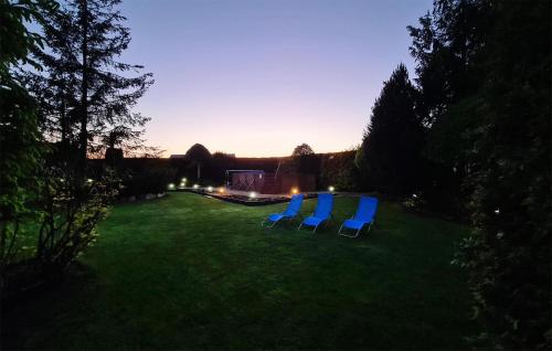 two blue chairs sitting in a yard at night at Awesome Home In Cieciorka in Cieciorka