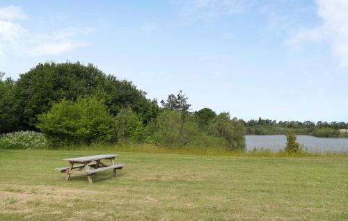 a picnic table sitting in a field next to a lake at 1 Bedroom Amazing Home In Otterup in Otterup
