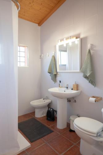 a bathroom with a sink and a toilet and a mirror at Origen Andévalo Alma y paisaje in Calañas