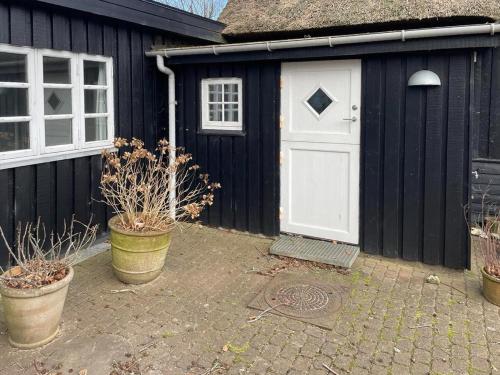 a black shed with a white door and two plants at Thatched Wooden House With Sea View in Haderslev