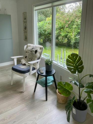 a room with a chair and potted plants and a window at Retro Cottage With Fjord View in Storvorde