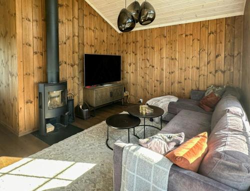 a living room with a couch and a fireplace at Mountain Cabin With Panoramic Views In Sjusjøen in Sjusjøen