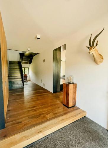 a living room with a deer head on the wall at Renovated Farmhouse Half In The Trierer Heide in Trier