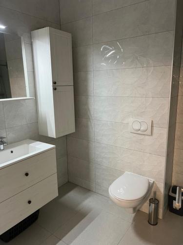 ein Badezimmer mit einer weißen Toilette und einem Waschbecken in der Unterkunft Cozy central apartment in Čapljina