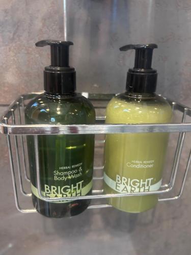 two bottles of soap in a glass shelf at Brighton Rock Retreat in Brighton & Hove