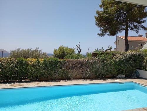 a blue swimming pool in front of a house at Anemelia & Helios Studio in Anavissos