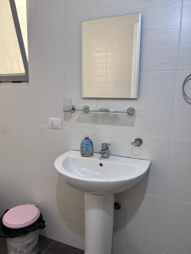 Un baño blanco con lavabo y espejo. en Alis Apartment, en Orikum