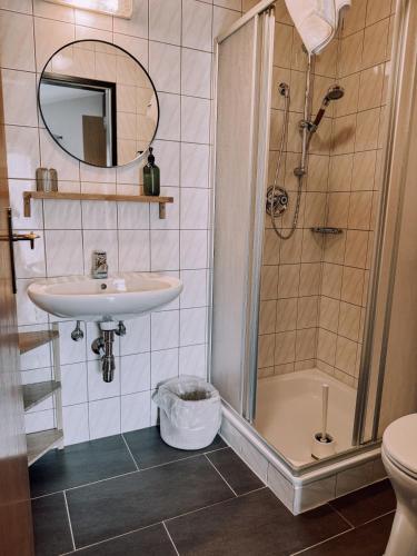 a bathroom with a sink and a shower at Das Luis in Altenmarkt im Pongau