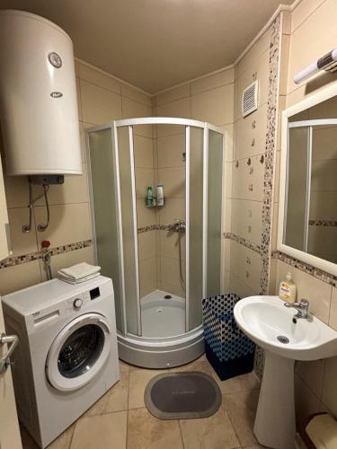 a bathroom with a shower and a washing machine at Apartment GORDANA in Ohrid