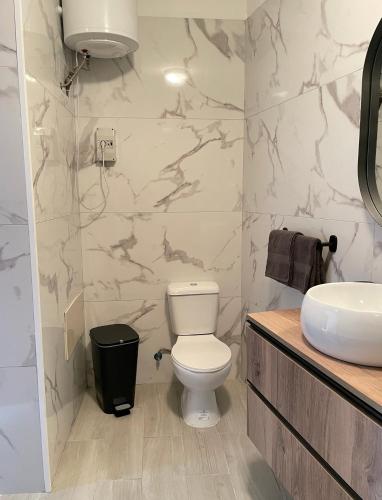 a bathroom with a white toilet and a sink at Habitación santo antonio in Estrela