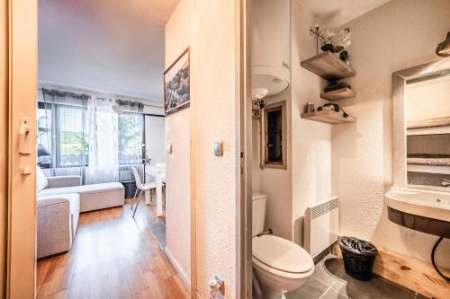 a bathroom with a toilet and a sink and a living room at Studio de charme in Bogève