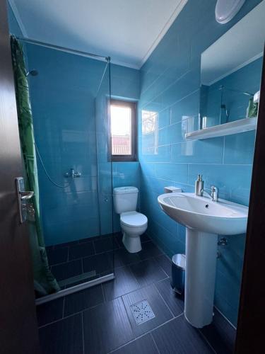 a blue bathroom with a sink and a toilet at Delta MEO in Mahmudia