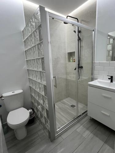 une salle de bain avec une douche, des toilettes et un lavabo dans l'établissement Family Apartment, à Arcos de la Frontera