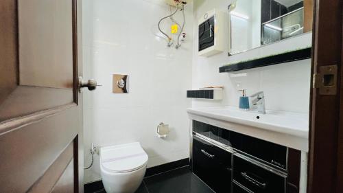 a small bathroom with a toilet and a sink at BluO 3BHK Safdarjung Enclave, Lift & Terrace Garden in New Delhi