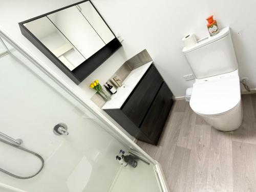 a bathroom with a toilet and a sink and a mirror at Large warm 4BRM family recharge in Halswell - Netflix, Massage chair in Halswell