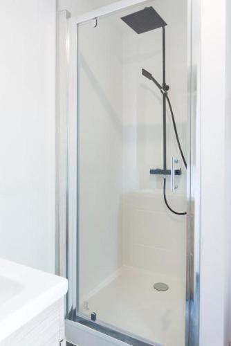 une douche avec une porte vitrée dans une salle de bain dans l'établissement Le Cosy Stan, à Nancy