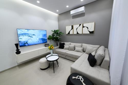 un soggiorno con divano e TV a schermo piatto di Lepanto Luxe Stay a Nafpaktos