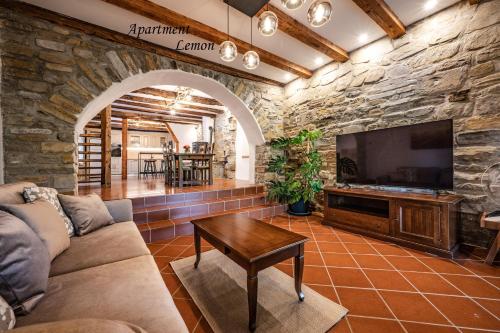 a living room with a stone wall at Istrska kamnita hiša z velikim vrtom - Istrian Stone House with Big Garden in Marezige