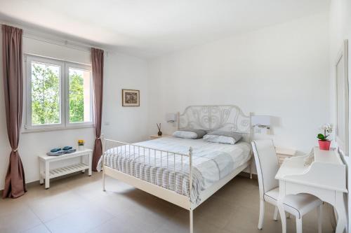 a white bedroom with a bed and a desk at Agriturismo Le Masciare in Paternopoli