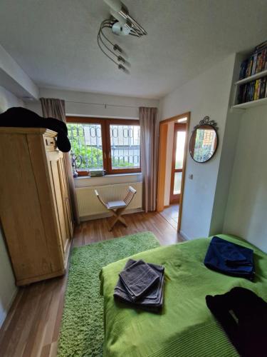 a bedroom with a green bed and a green rug at Ferienwohnung Spirou in Waldesch