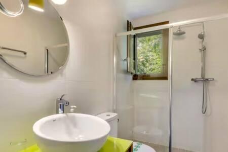 a bathroom with a sink and a mirror and a shower at Acogedora casa en la montaña in La Baronia de Rialb
