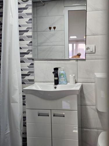 a white bathroom with a sink and a mirror at Studio Dana in Arandjelovac