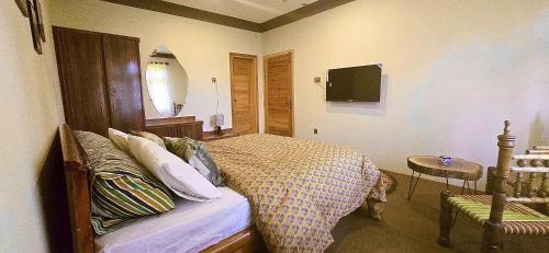 a bedroom with a bed and a tv in a room at Rosho Skardu in Skardu