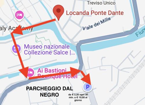a map showing the location of a crime at Locanda Ponte Dante in Treviso