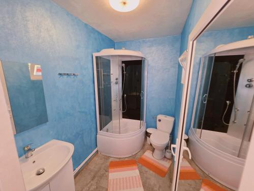 Un baño azul con inodoro y lavabo. en Pescarul Deltei, en Murighiol