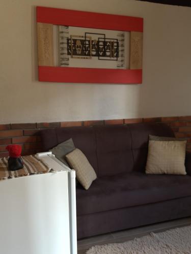 a brown couch in a living room with a picture at Chalé Topázio in Monte Verde