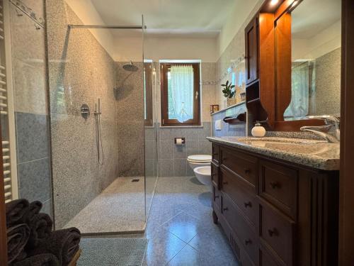 a bathroom with a shower and a sink and a toilet at Casa Iris in Omegna