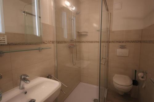 a bathroom with a shower and a toilet and a sink at Appartementhaus Schleiblick in Kappeln