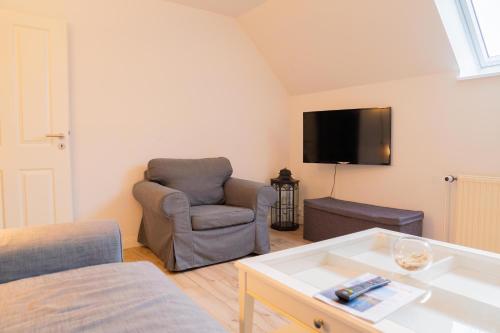 a living room with a chair and a tv at Appartementhaus Schleiblick in Kappeln