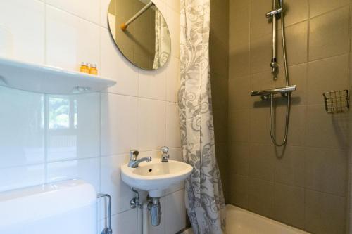 a bathroom with a sink and a shower at La Roche-en-Ardenne, La Rive 4P or La Forêt 17P in Mellet