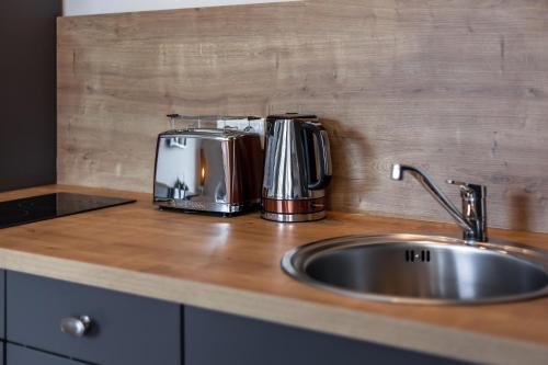 een aanrecht met een wastafel en een broodrooster bij App Osiria in Kühlungsborn