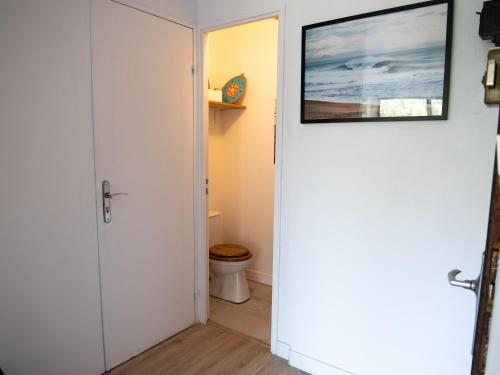 une salle de bain avec toilettes et un tableau au mur dans l'établissement Appartement Tout Confort-Plage & Centre à Pied, à Seignosse